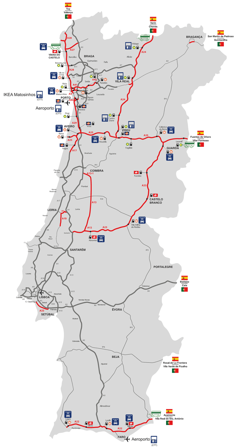 Karte der elektronischen Mautstrecken in Portugal.